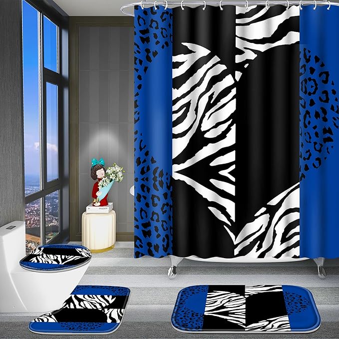 Poedist 4 Pcs Bathroom Shower Curtain Set,Blue Leopard Print Shower Curtain Bright Style Shower Curtain Sets with Rugs(Bath Mat,U Shape and Toilet Lid Cover Mat) and 12 Hooks