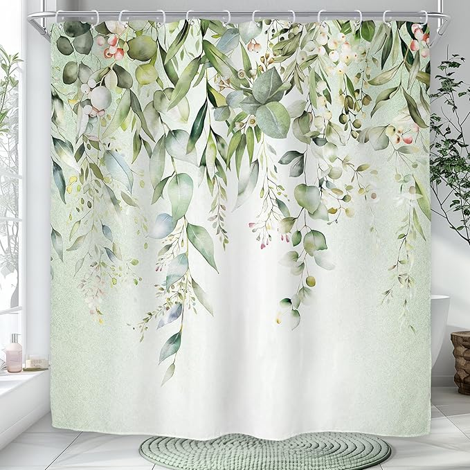 Riyidecor Colorful Floral Flowers Shower Curtain for Bathroom Decor 72Wx72H Spring Watercolor Leaves with Floral Plants Botanical Rustic Art Printed Fabric Polyester Waterproof 12 Pack Plastic Hooks