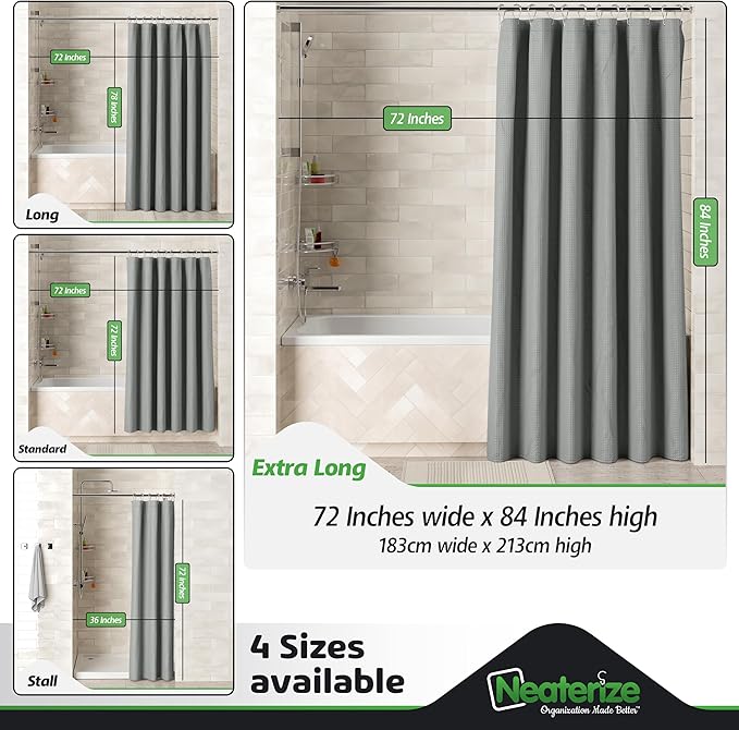 NEATERIZE Shower Curtain Grey - Hotel Style Grey Shower Curtains for Bathroom with Waffle Design, 72x84 Inches - Fabric Shower Curtain - Cortinas de Baño Elegantes