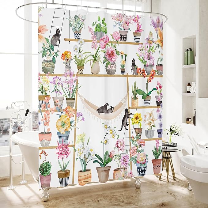 HMS Happy Memories Bohemian Plant Boho Floral Print Shower Curtain, Polyester Fabric Cloth for Bathroom Decor 72×72 Inch Standard Size with 12 Hooks, Also as Room Divider (Color 5)