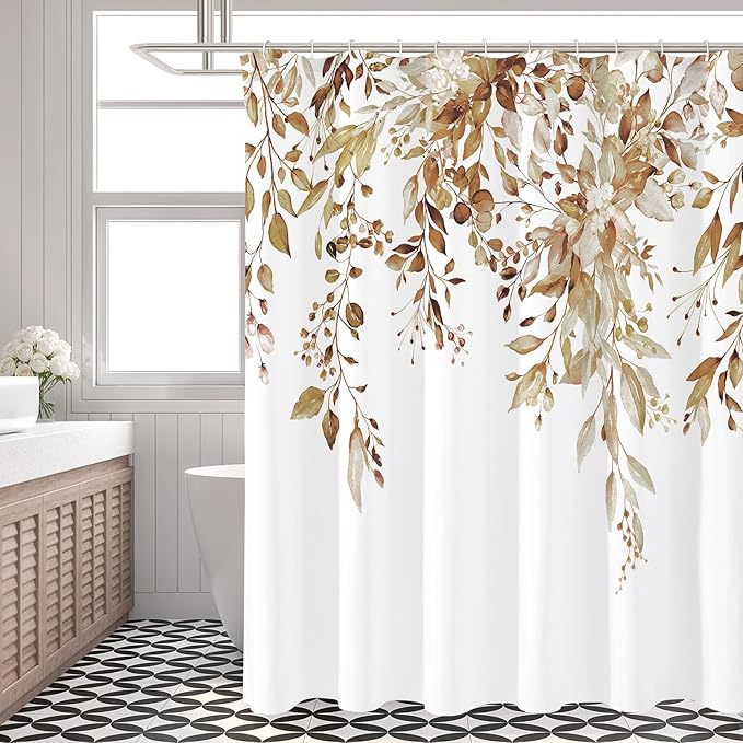 Gibelle Long Shower Curtain 72 x 78, Brown Floral Shower Curtain for Bathroom, Watercolor Plant Eucalyptus Leaves Fabric Shower Curtain Set