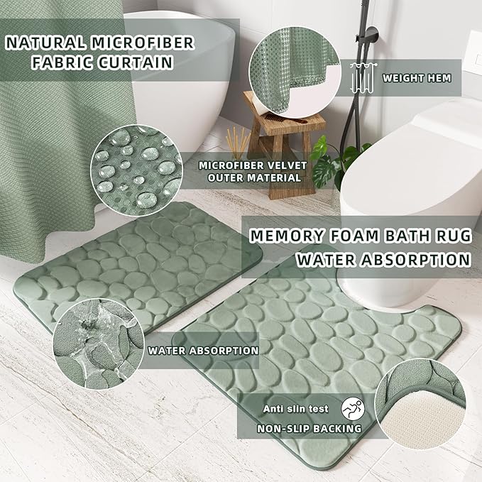 XLHOMO Bathroom Accessories Set - 25PC Sage Green Bathroom Set, Bathroom Set with Shower Curtain and Rugs, Sage Green Shower Curtain Set, Bathroom Accessory Set, Trash Can & Soap Dispenser