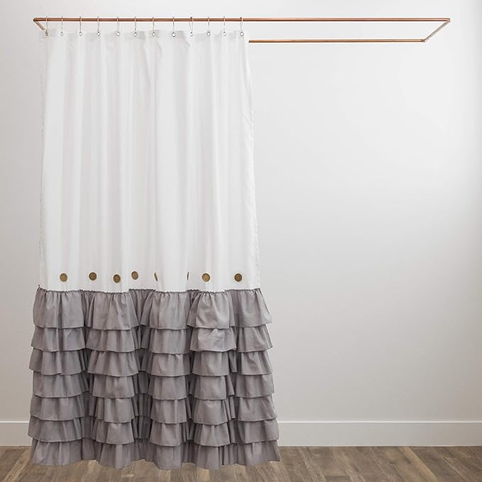 Shaina White and Gray Farmhouse Shower Curtain 72 x 72 with Shabby Chic Ruffles and French Country Style Buttons - Modern Farmhouse Shower Curtain Fabric (Gray)