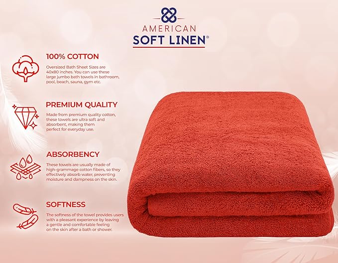 American Soft Linen 100% Cotton 600 GSM Turkish 40x80 Oversized Bath Towel Sheet, Extra Large Adult Towels for Bathroom, Red Bath Sheet