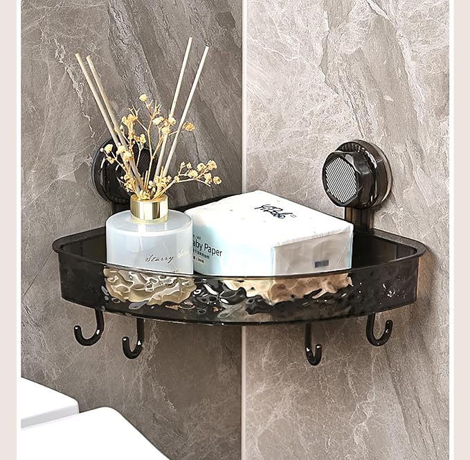 YIKANGHENG Suction Storage Rack, 9 Inch Black Plastic Bathroom Corner Removable Toiletry Storage Rack for Kitchen and Bathroom (Black)