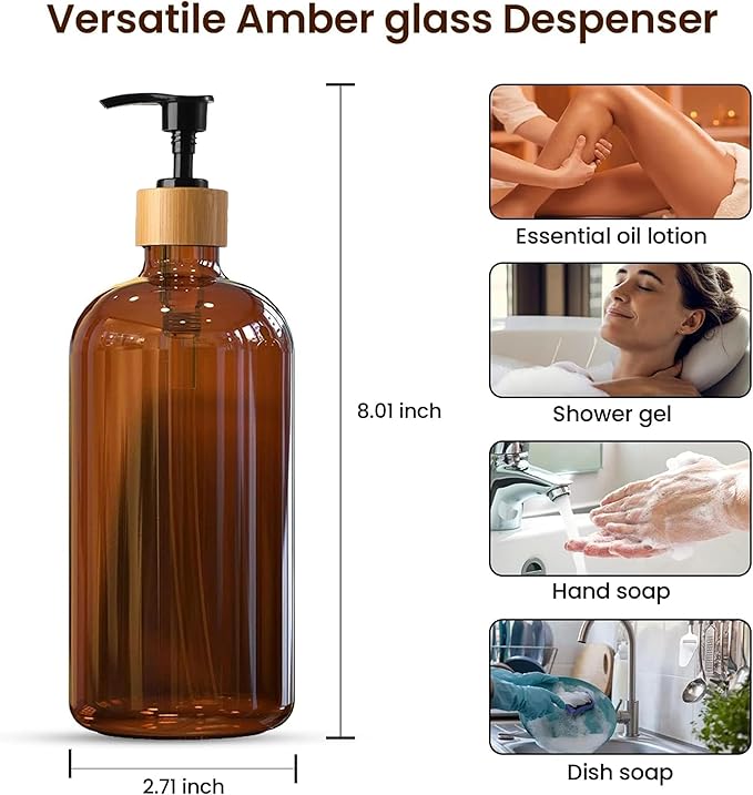 Sunrise Premium 16 OZ Thick Amber Glass Soap Dispenser, Bamboo Pump with Tray 2 Pack, Hand and Dish Soap Dispenser Set for Bathroom with 6 Waterproof Labels
