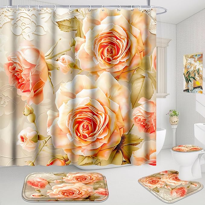 Poedist 4 Pcs Bathroom Shower Curtain Set,Rose Bathroom Set, Space Shower Curtain Sets with Rugs(Bath Mat,U Shape and Toilet Lid Cover Mat) and 12 Hooks