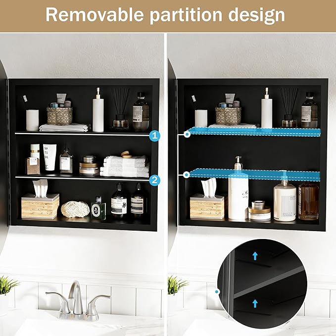 Round Bathroom Medicine Cabinet with Mirror,Wall Mounted Vanity Mirror with Adjustable Shelves Metal Storage Cabinet for Bathroom Bedroom (No Assembly Required) Black 20.5 * 20.5''