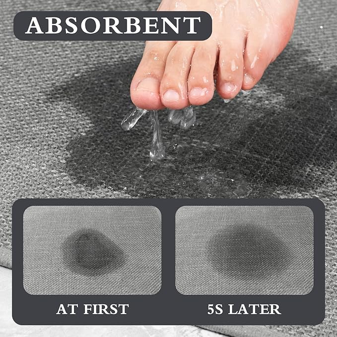 YIHOUSE Grey Bath Rug Set, 2 Piece Absorbent Non Slip Washable, Quick Dry Thin Bath Mat for Toilet and Floor