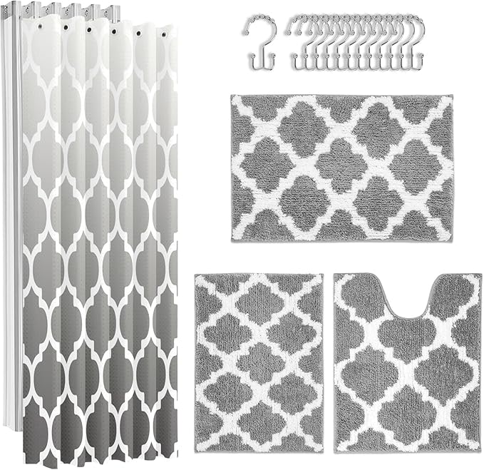 Britimes Grey Geometric Bathroom Sets with Shower Curtain and Rugs, Minimalist Ombre Modern Vintage Waterproof Shower Curtain Liner and Soft Non Slip Bath Mat for Bathroom Decor and Accessories Hooks