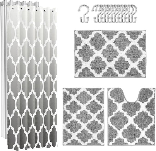 Britimes Grey Geometric Bathroom Sets with Shower Curtain and Rugs, Minimalist Ombre Modern Vintage Waterproof Shower Curtain Liner and Soft Non Slip Bath Mat for Bathroom Decor and Accessories Hooks