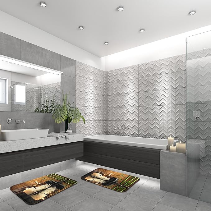 ArtSocket Green Bathroom Set with Shower Curtain and Rugs and Accessories, Bamboo Stones spa Oil Shower Curtain Set, Modern Zen Bathroom Decor 3 Pcs