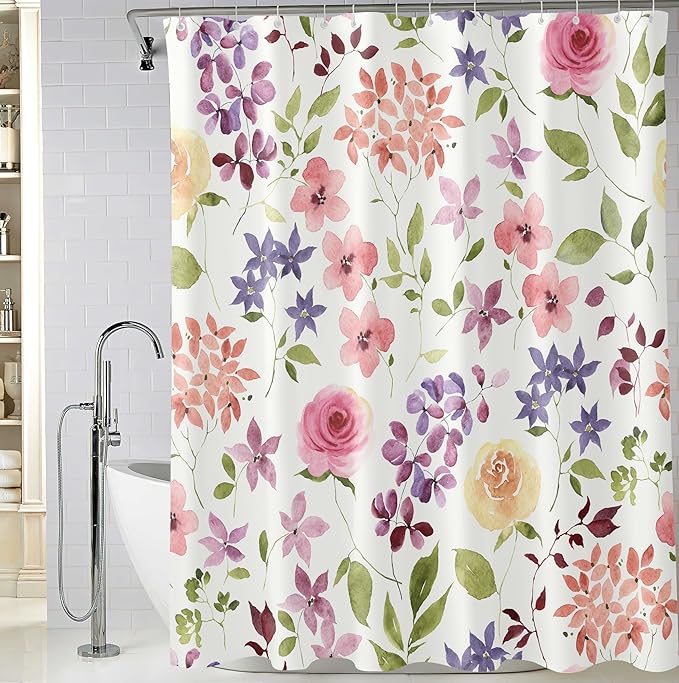Watercolor Floral and Green Leaves Shower Curtains, Waterproof Fabric Colorful Rustic Ivory Botanical Bathroom Shower Curtain, 72 x 72 Inch