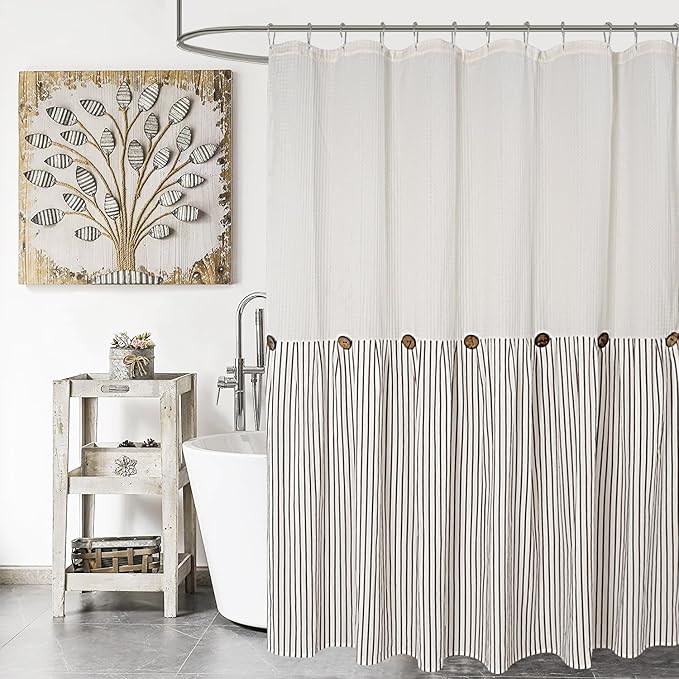 DOSLY Ides Farmhouse Shower Curtain, Beige and Brown Striped, Button Curtain, Spa Waffle and Cotton Woven Fabric, Rustic Charm Country Chic Style, 72x72 in