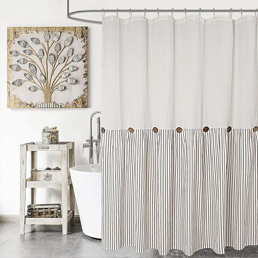 DOSLY Ides Farmhouse Shower Curtain, Beige and Brown Striped, Button Curtain, Spa Waffle and Cotton Woven Fabric, Rustic Charm Country Chic Style, 72x72 in