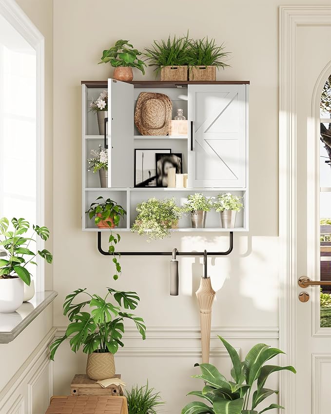 CHOEZON Bathroom Wall Cabinet, Medicine Cabinet Wall Mounted, Over Toilet Storage Cabinet, Wall Cabinet with Towel Bar, Open and Hidden Storage Space, for Bathroom Living Room Kitchen White and Walnut