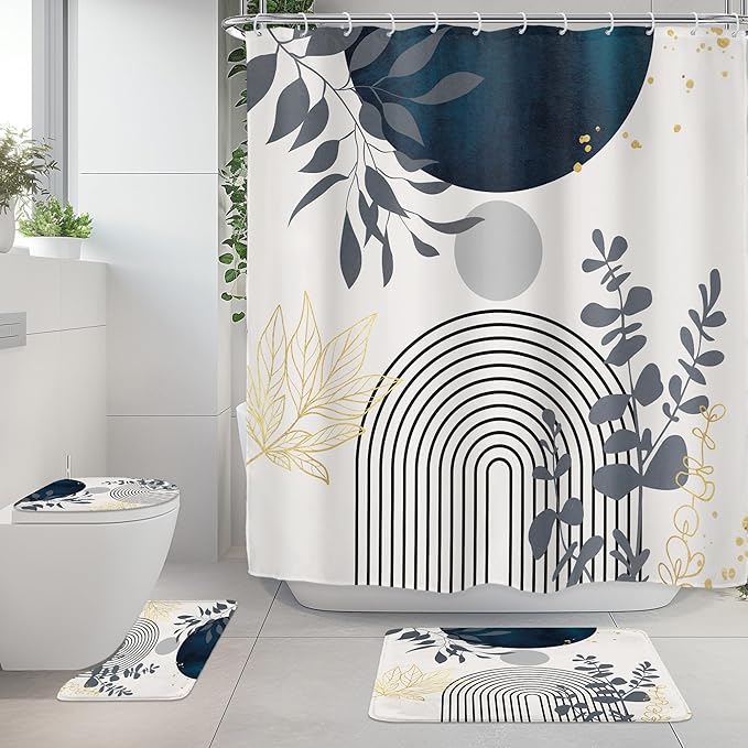 Riyidecor Mid Century Boho 4Pcs Shower Curtain Set with Toilet Lid Cover and Non-Slip Rugs,Modern Minimalist Navy Blue Bathroom Decor Set，Abstract Contour and Bath Mat with 12 Hooks