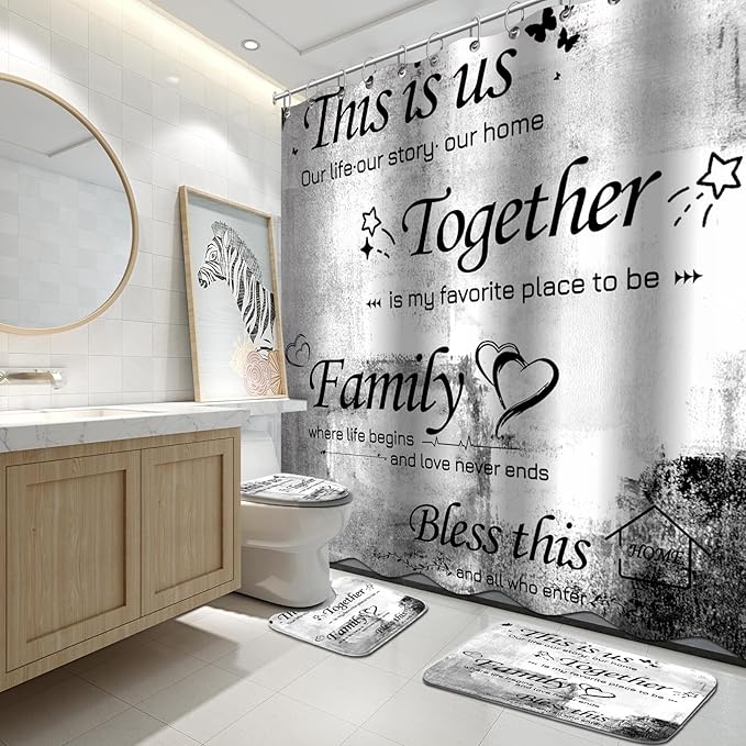 Lnond 4Pcs Bathroom Shower Curtain Sets with Rugs, White Black Motivational Home Family Bathroom Sets with Shower Curtain and Rugs and Accessories