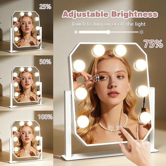 Vanity Mirror with Lights - 11.8"x9.8" Hollywood Makeup Mirror with Dimmable LED Bulbs, 3 Color Modes, Smart Touch Control, Desktop Mirror for Bedroom Dressing Table, Gift for Women Girls (White)