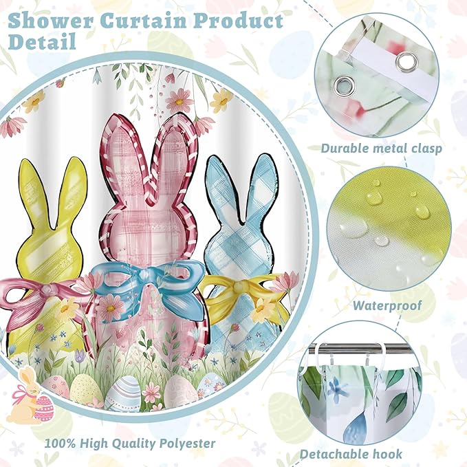 Hahafelt 4 Pcs Spring Easter Bunny Shower Curtain Sets 71 x 71 Inch Shower Curtain with 12 Hooks, Toilet Lid Cover, U Shape Bath Mat, Rectangular Bath Mat Easter Bathroom Decor Accessories