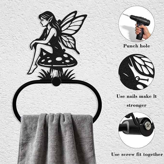 Gothic Tinker Bell Mushroom Towel Ring, Black Metal Witchy Wall Mounted Bathroom and Kitchen Towel Holder, Goth Hand Towels Bathroom Kitchen Accessories, Witchy Hands Rack for Home Office