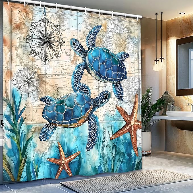 Dreamrflove Turtle Shower Curtain Nautical Ttheme Ocean Bathroom Decor Tropical Sea Beach Summer Shower Curtain for Bathroom 72x72 Inch Proof Polyester Insulated Home Decor
