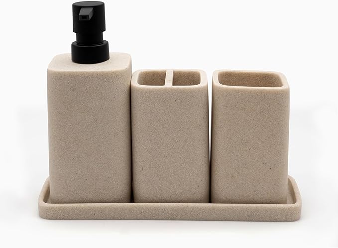 ZCCZ Bathroom Accessory Sets, 4 Pieces Bathroom Accessories Complete Set Vanity Countertop Accessory Set Marble Look, Includes Lotion Dispenser Soap Pump, Tumbler, Toothbrush Holder and Tray (Beige)