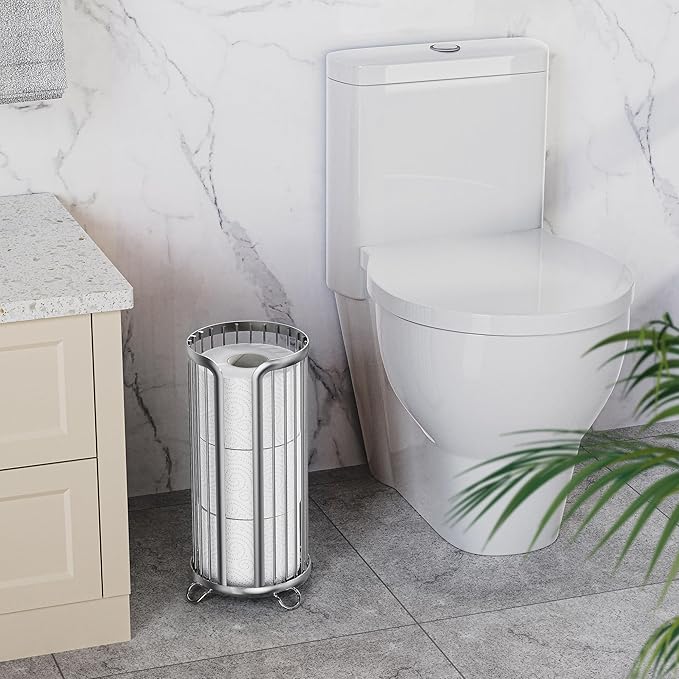Bunoxea Toilet Paper Holder Stand, Freestanding Toilet Tissue Organizer, Minimalistic Storage Solution, Reserve Mega Rolls,Modern -2PACK Silver