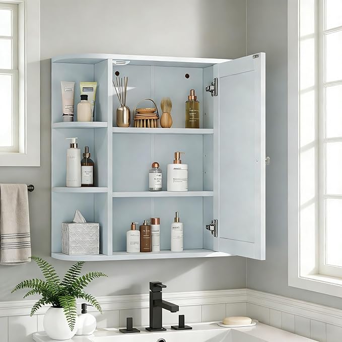 Merax Bathroom Wall Storage Cabinet with Mirror, 26 Inch Medicine Cabinet with Mirror Doors & Adjustable Wood Shelf, Space-Saving Modern Mounted Storage Cabinets with 6 Open Shelves, White