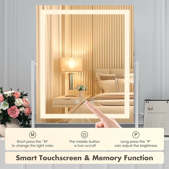 Hasipu Vanity Mirror with Lights, 35 x 45cm LED Tabletop Makeup Mirror for Desk, LSmart Touch 3 Color Modes and Brightness Adjustment, 10X Magnifying Glass,360° Rotation, White