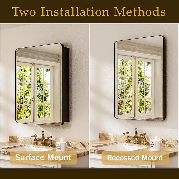 16x24 Inch Bathroom Medicine Cabinet with Mirror, Partition Storage for Tall Bottles, Recessed or Surface Mount Wall Cabinet, 110° Soft Close Hinge, Pre-Assembled, Matte Black, w/Hardware