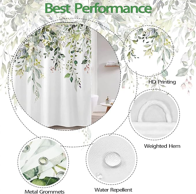 kampdream Green Eucalyptus Plant Shower Curtain, Watercolor Leaves On The Top Shower Curtain, Sage Green Spring Botanical Bathroom Curtain 72 ×72 Inch