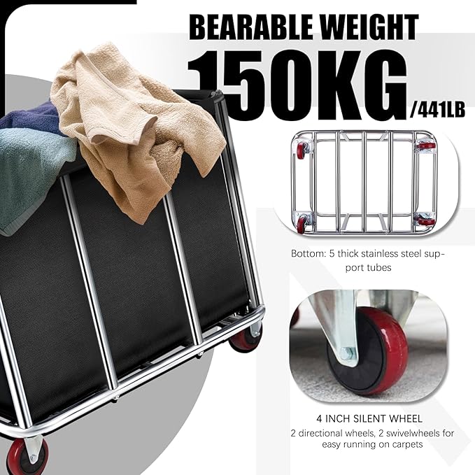 Commercial Laundry Cart with Wheels, 400L Large Rolling Laundry Cart with Steel Frame and Oxford Cloth, Heavy Duty Industrial Laundry Cart for Home,Hotel,Laundry Room, 441 lbs Load (Black-8)