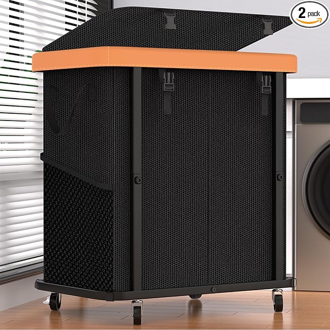 190L (50 Gal) Large Fashion Laundry Basket with Wheels, Leather Patchwork Rolling Hamper Carts, Sturdy Metal Frame, Removable Washable Bag, Tall Clothes Sorter for Bedroom - 2 Setion Black