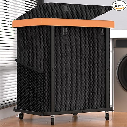 190L (50 Gal) Large Fashion Laundry Basket with Wheels, Leather Patchwork Rolling Hamper Carts, Sturdy Metal Frame, Removable Washable Bag, Tall Clothes Sorter for Bedroom - 2 Setion Black