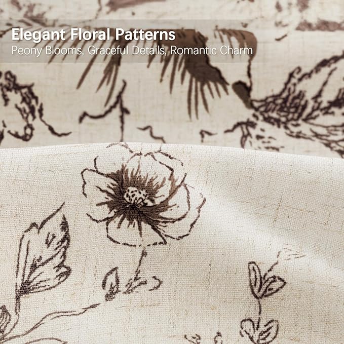 Farmhouse Floral Linen Shower Curtain, Vintage Brown Pattern Rustic Shower Curtains for Bathroom, Tan Taupe,72x72