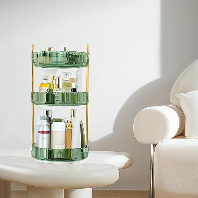 360-Degree Rotating Makeup Organizer, Cosmetic Storage Display Case for Bathroom Vanity Countertop, Skincare and Perfume Storage Organizers, Jewelry Dresser Organizer, 3-Tier, Green