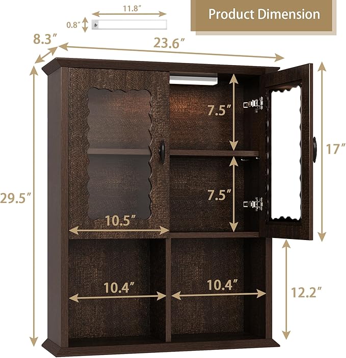 CJL Bathroom Wall Cabinet with Motion Sensor Led Light, Over The Toilet Storage Cabinet, 23.6'' x 29.5'' Medicine Cabinet of Mid-Century Modern Design with Acrylic Door, Brown