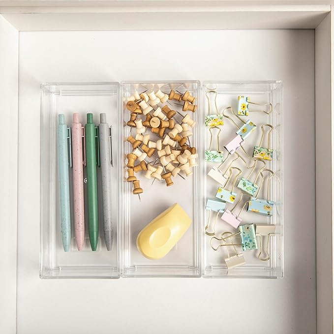 Martha Stewart Brody Desktop Storage Organizer, Stack and Slide Plastic Organizer Tray, Organizer for Office, Kitchen, or Vanity, 3" x 7.5", Clear