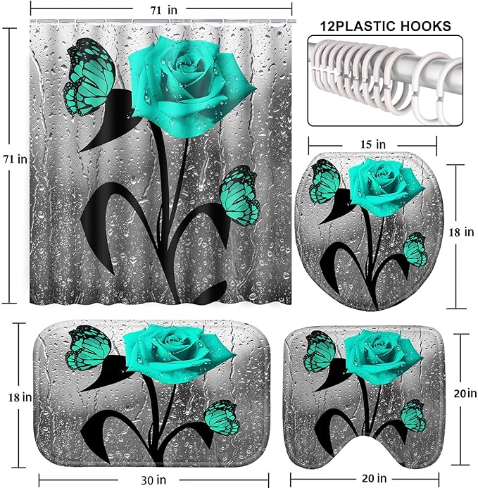 Poedist 4 Pcs Bathroom Shower Curtain Set,Green Rose Bathroom Set, Shower Curtain Sets with Rugs(Bath Mat,U Shape and Toilet Lid Cover Mat) and 12 Hooks