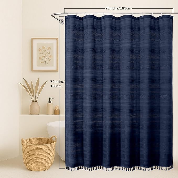 OVZME Navy Blue Shower Curtain for Bathroom, Boho Linen Textured Shower Curtain with Tassel, Rustic Striped Heavy Duty Vintage Country Bathroom Curtain, 72Wx72L Inches