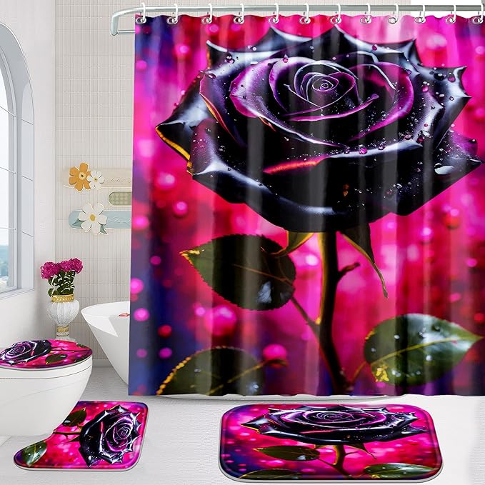 Poedist 4 Pcs Bathroom Shower Curtain Set,Bathroom Set, Rose Shower Curtain Sets with Rugs(Bath Mat,U Shape and Toilet Lid Cover Mat) and 12 Hooks