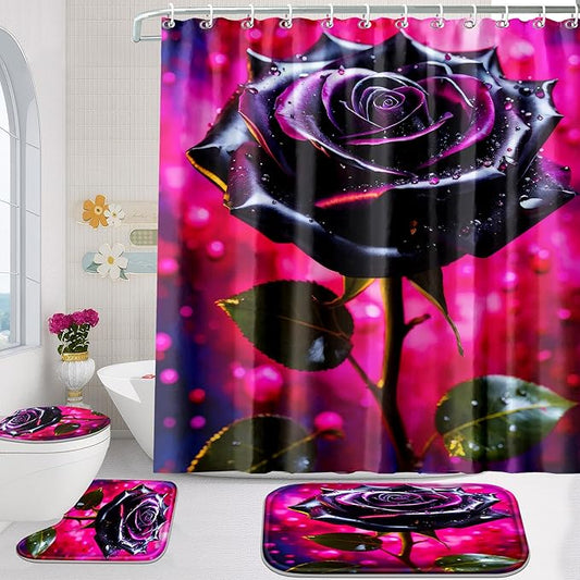 Poedist 4 Pcs Bathroom Shower Curtain Set,Bathroom Set, Rose Shower Curtain Sets with Rugs(Bath Mat,U Shape and Toilet Lid Cover Mat) and 12 Hooks