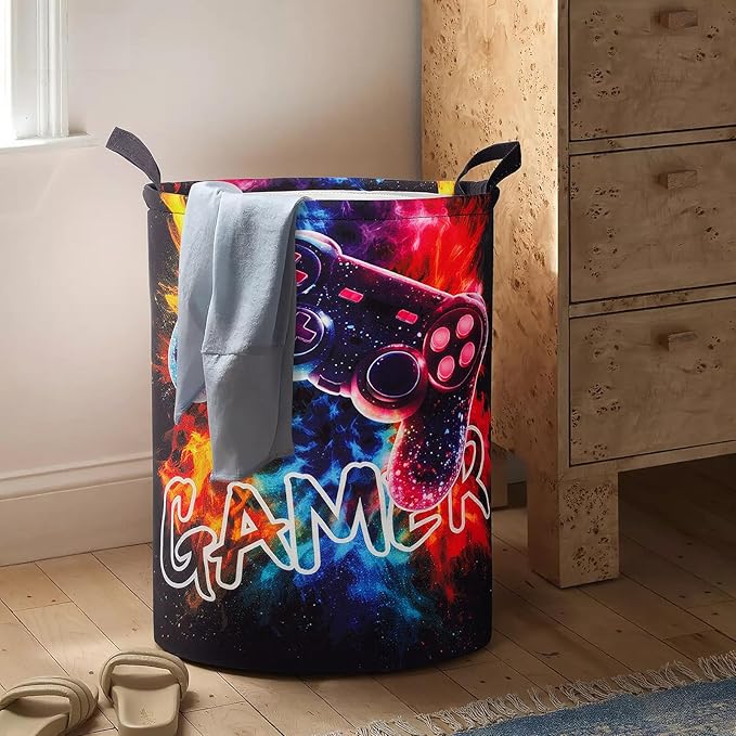 2Pcs Basketball Cute Kids Laundry Basket Baby Nursery Hamper Boys Room Decor Foldable Oxford Cloth Funny Tote Clothes Storage Bucket Organizer For Bedroom (Gamepad)