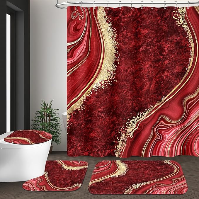 4PCS Red Marble Bathroom Sets with Shower Curtain and Rugs, Abstract Shower Curtain Sets with Rugs for Bathroom Decor, Modern Bathroom Curtains Shower Set with Toilet Lid Cover Accessories