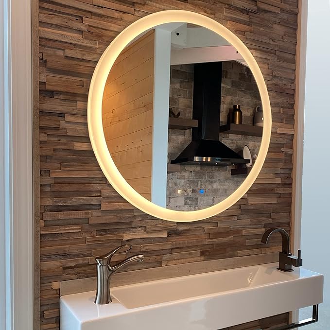 39 Inch Round LED Bathroom Mirror with 3 Color Modes, Touch Dimmer, Anti-Fog - Wall Mount Lighted Vanity Mirror for Makeup, Dressing Room - Fab Glass and Mirror