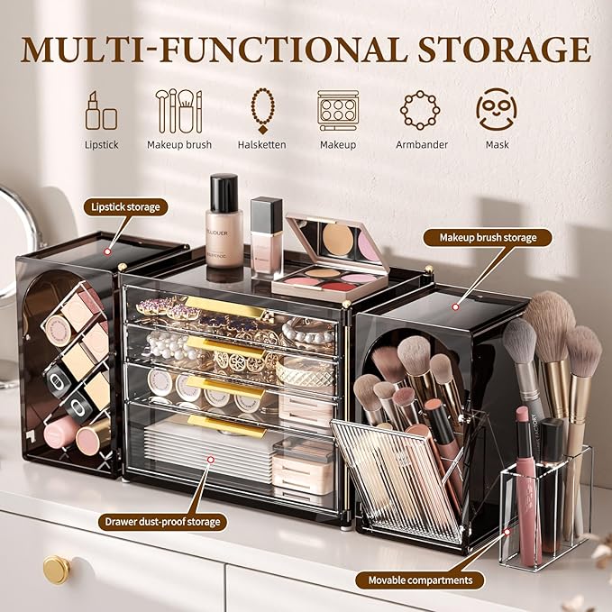 4-Tier Drawer Makeup Organizer, 3-in-1 Free Combination Cosmetic Storage with Lipstick Holder & Brush Rack, Skincare Organizer with Mini Tray for Vanity Bathroom Bedroom Dorm