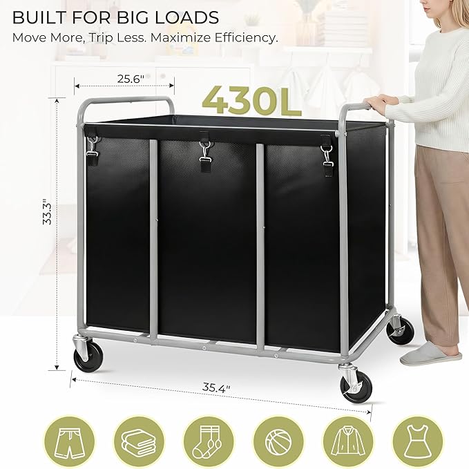 430L Commercial Laundry Cart with Wheels, Large Heavy Duty Rolling Laundry Hamper With Handle and Removable Waterproof Liner Bag, Industrial Dirty Clothes Hampers for Home & Hotel