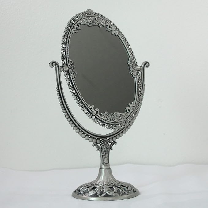 SEHAMANO Vintage Oval Double Sided Embossed Roses Frame Makeup Table Mirror for Bathroom Bedroom Dressing, Antique Decorative Vanity Cosmetic Metal Stand Mirror (Large, Tin (Matt Silver))