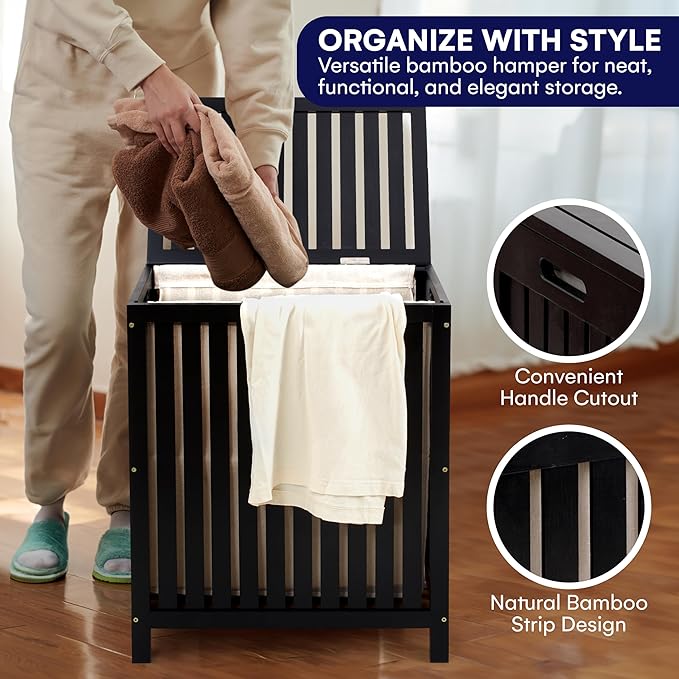 2 Lb. Depot Laundry Hamper Basket Storage in Black Bamboo - Wood Construction with Canvas Liner and Wooden Rods - Hand Grips for Portability - Functional & Stylish Organizer for Clothes -110L